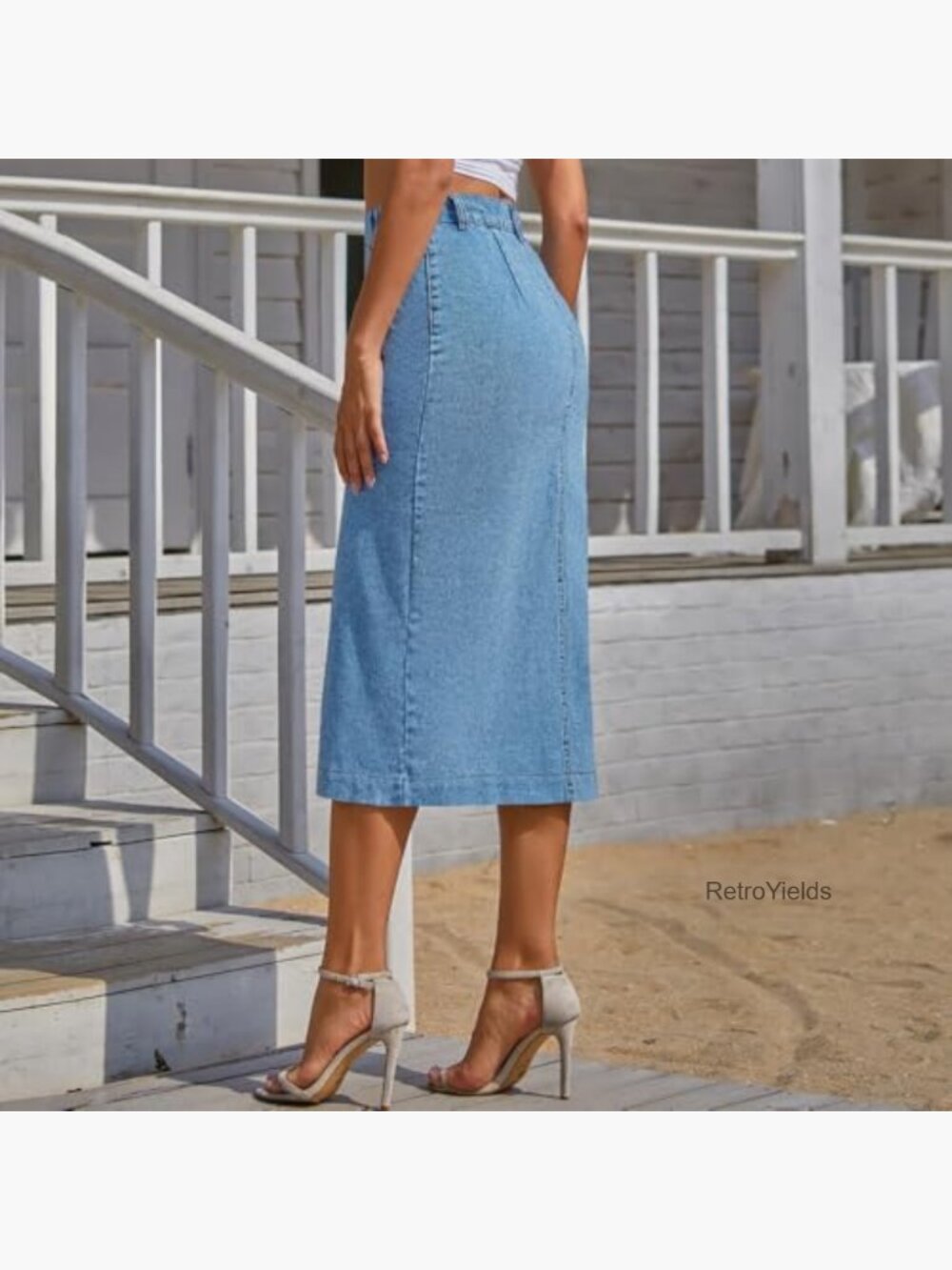 High Waisted Denim Midi Skirt Button Front Side Slit Casual - Picture 3 of 6